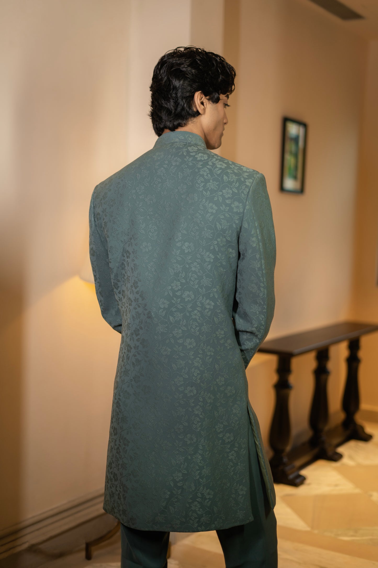 Sage Green Jacquard Bandhgala Set