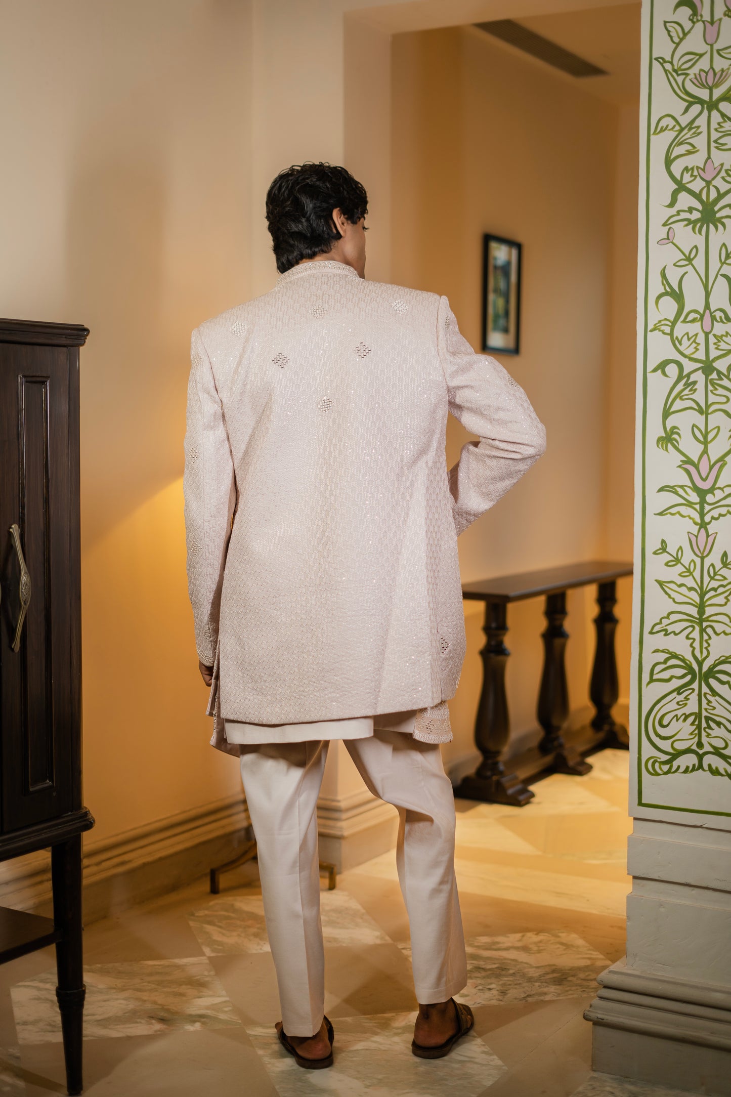 Blush Textured Diamond Embroidered Bandhgala Set