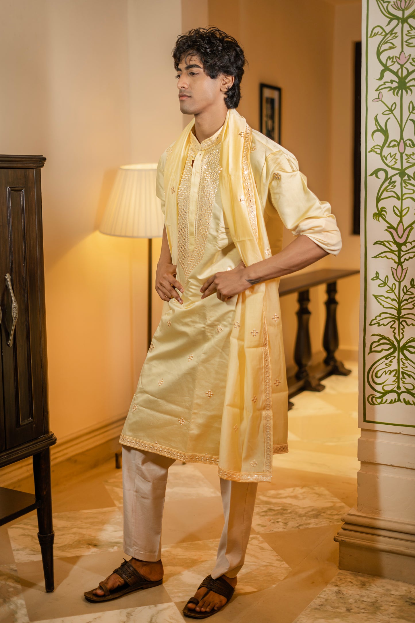 Lemon Yellow Mirror Embroidered Kurta