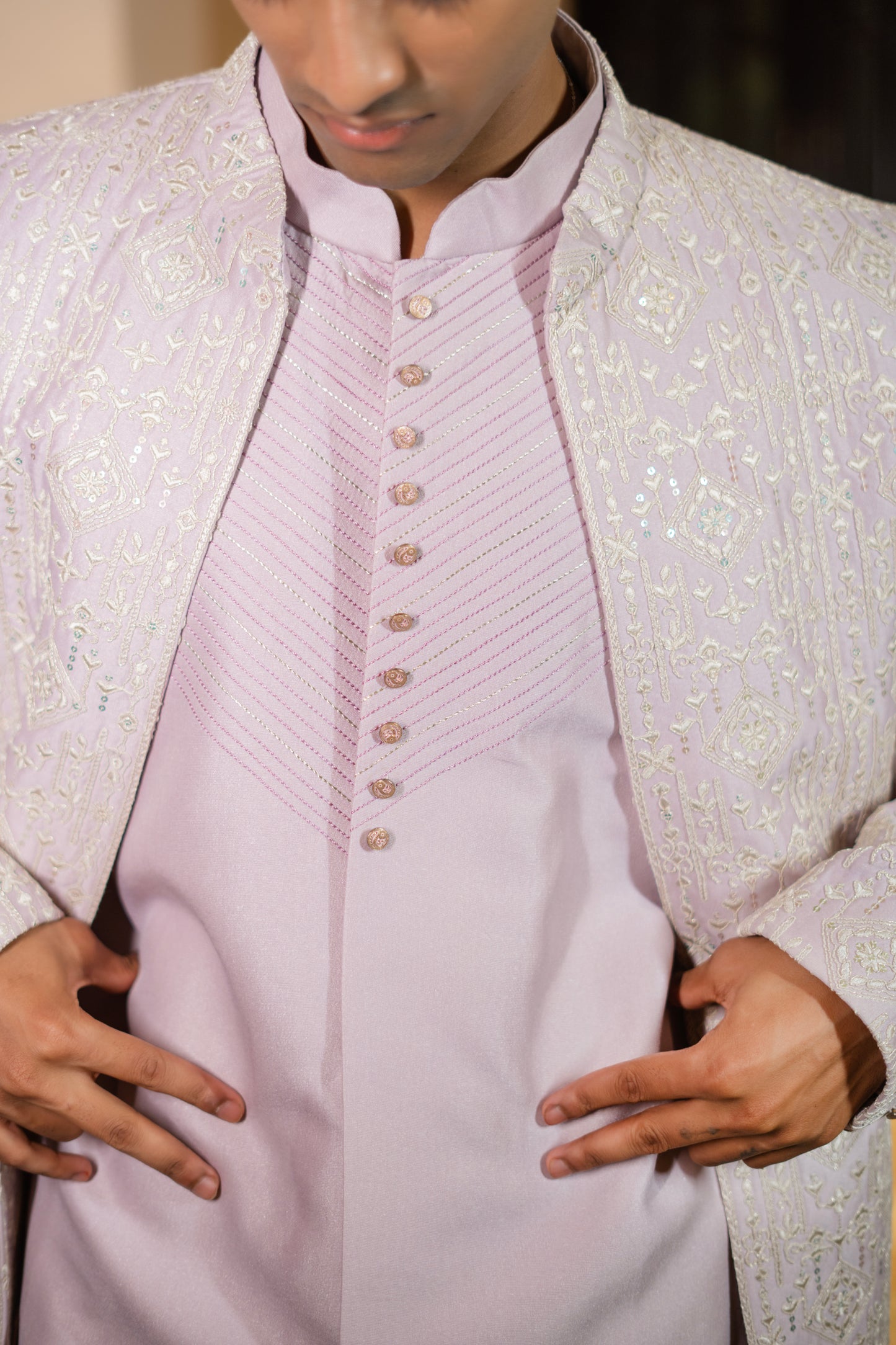 Lavender Zari Embroidered Bandhgala Set