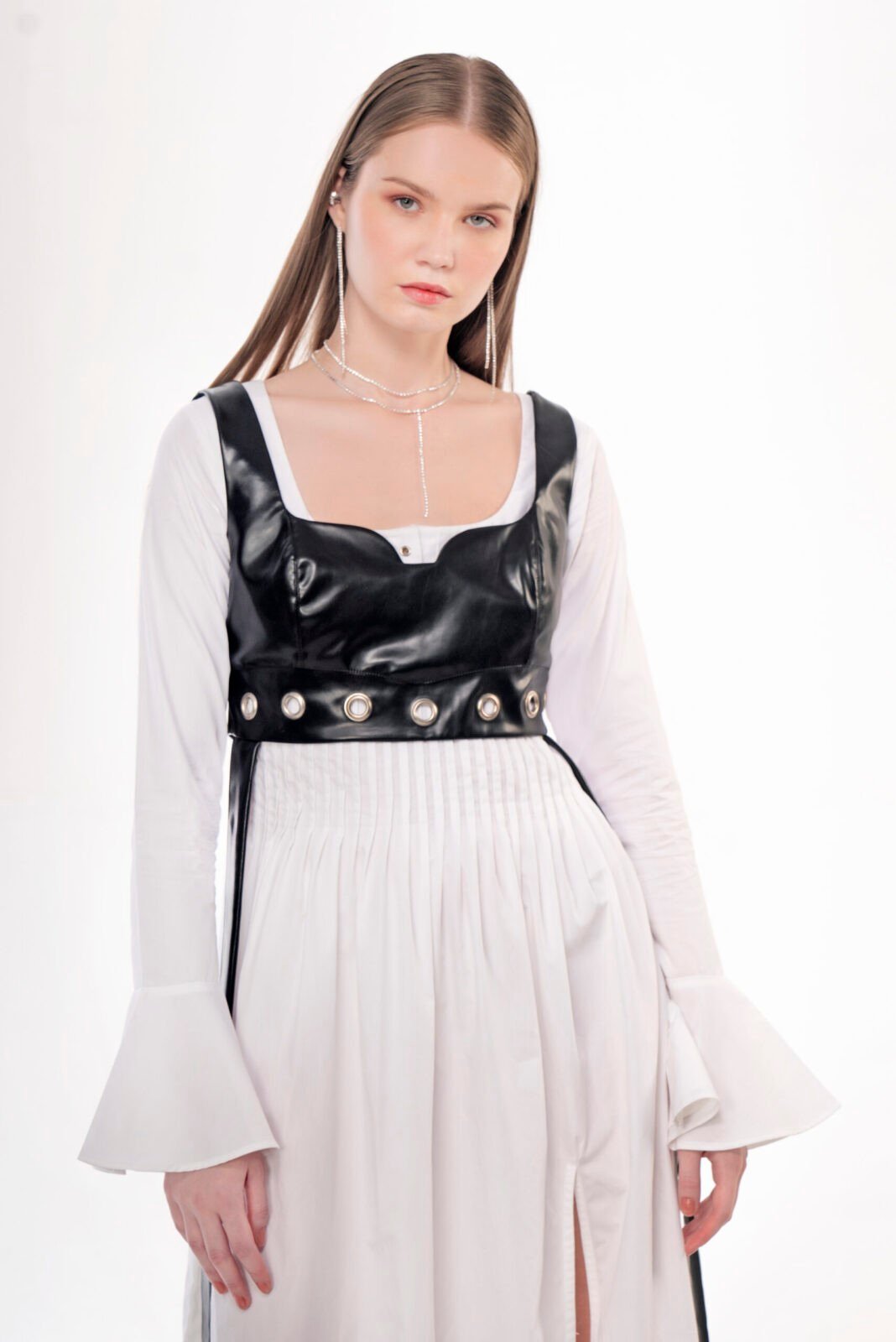 Pleated White Leather Top Dress