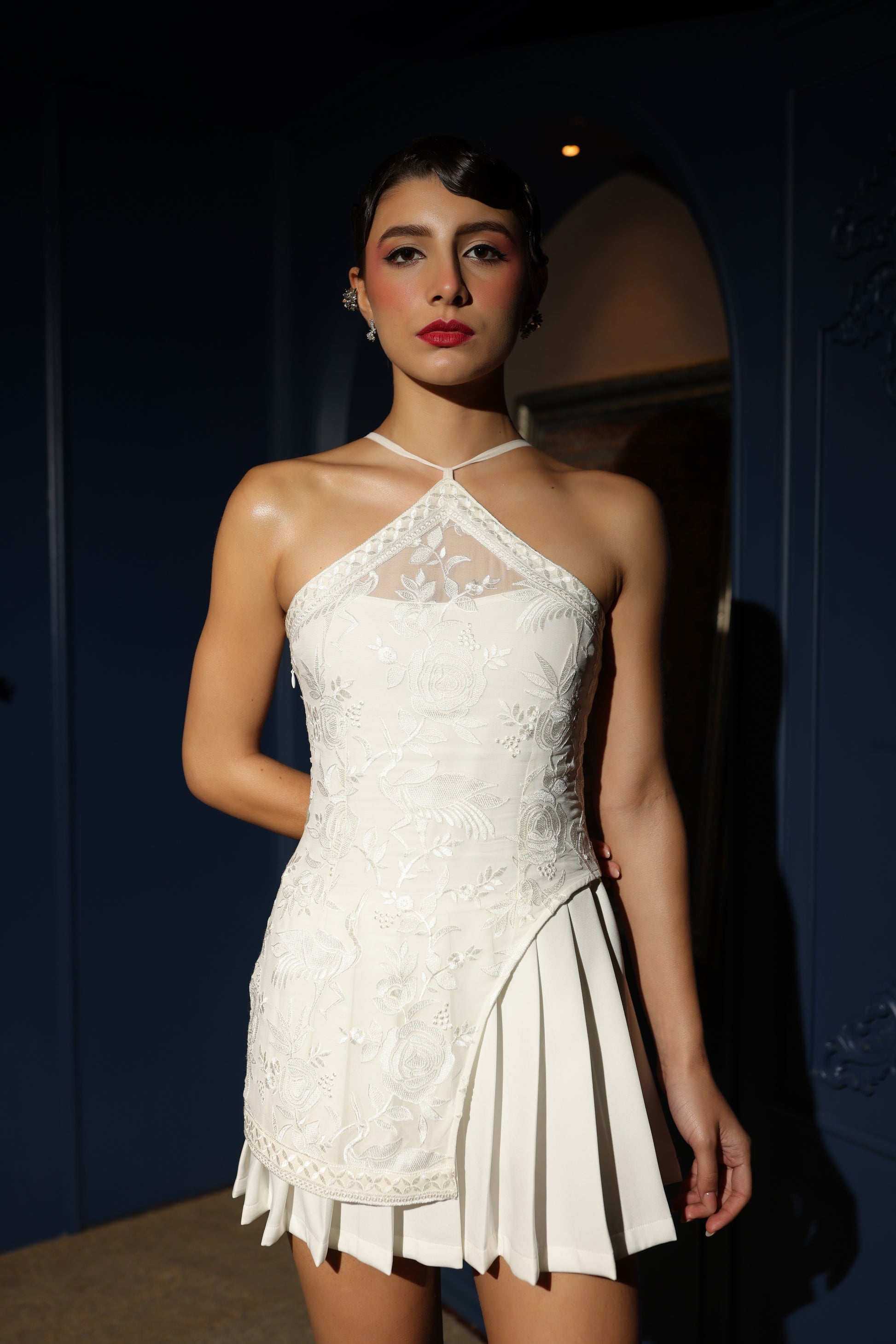 white halter pleated dress Halter Pleated Maxi Dress in White