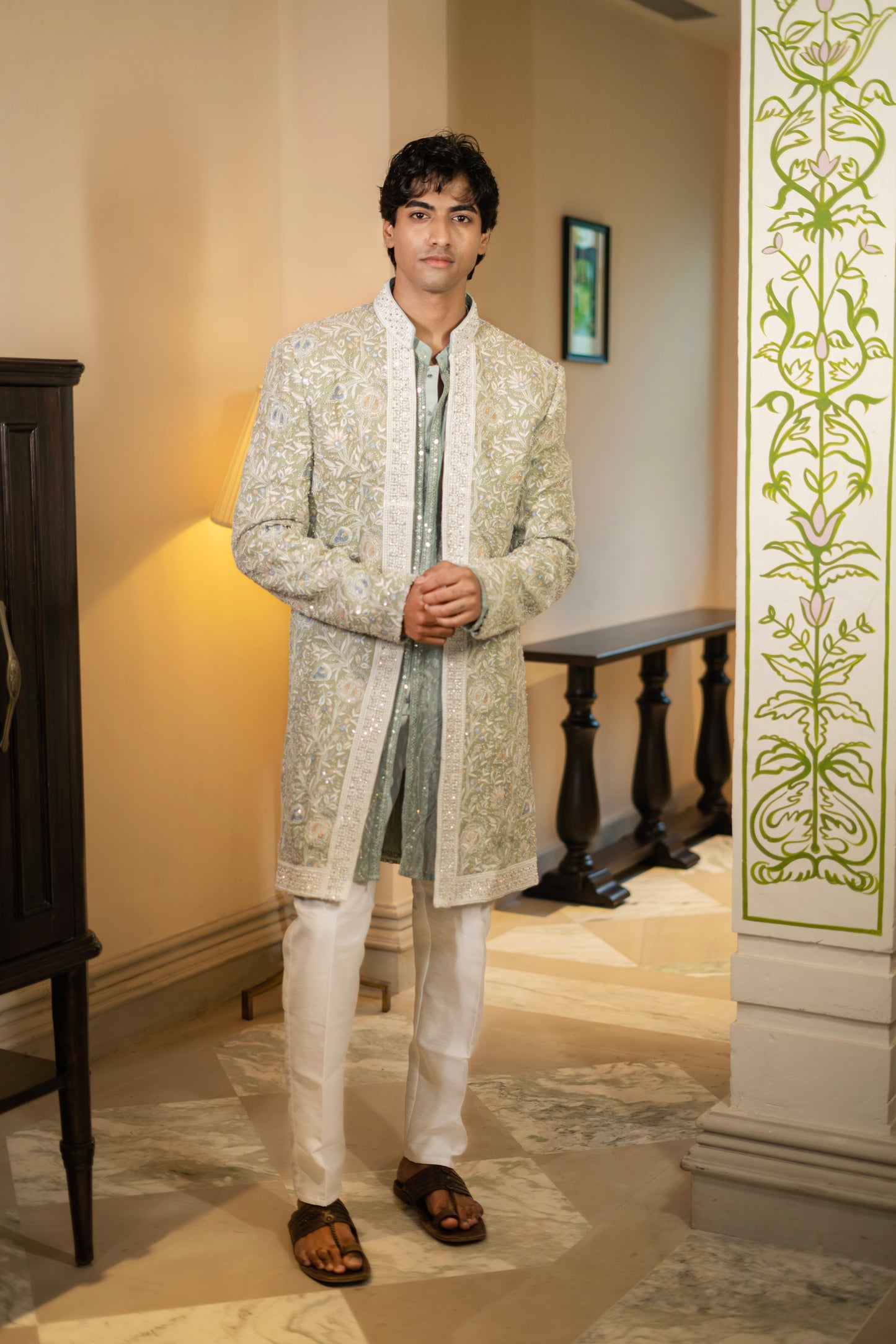 Sage Green  Hand Embroidered Bandhgala Set