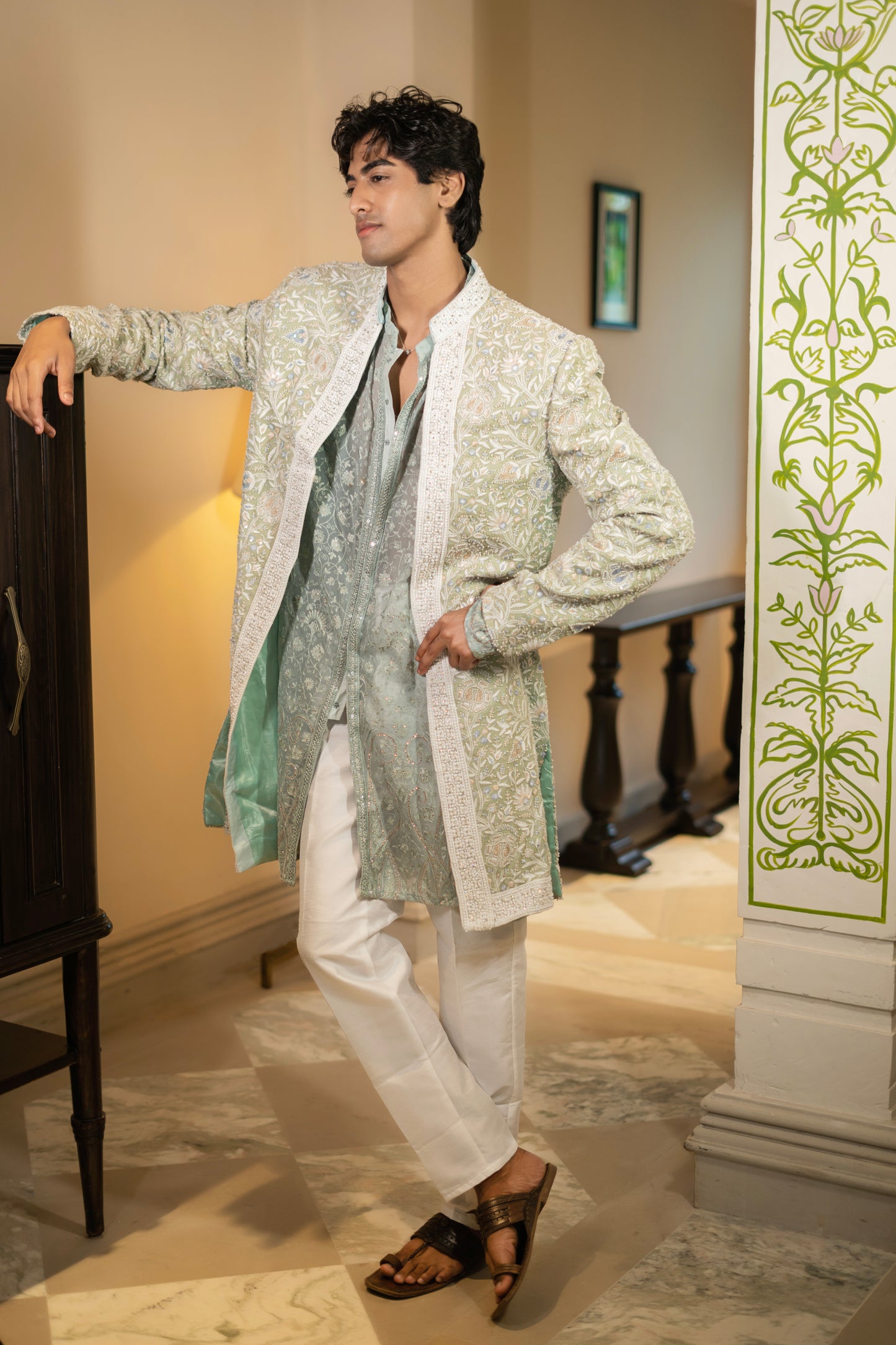 Sage Green  Hand Embroidered Bandhgala Set