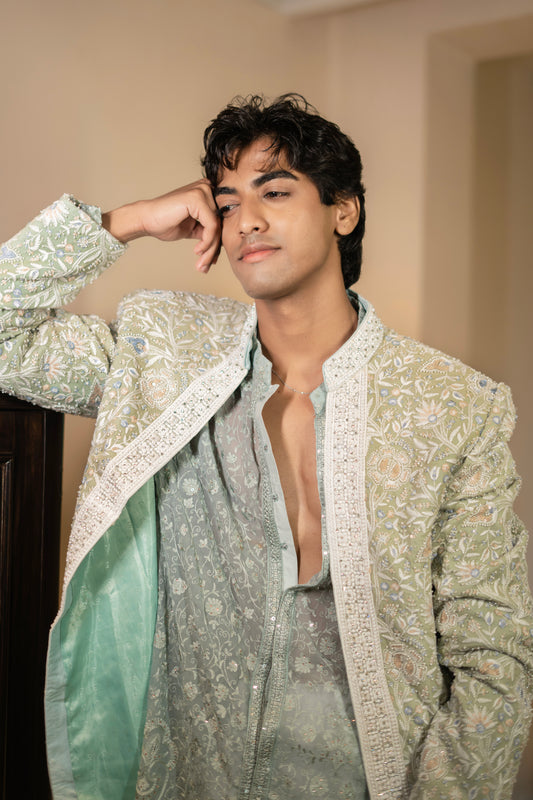 Sage Green  Hand Embroidered Bandhgala Set