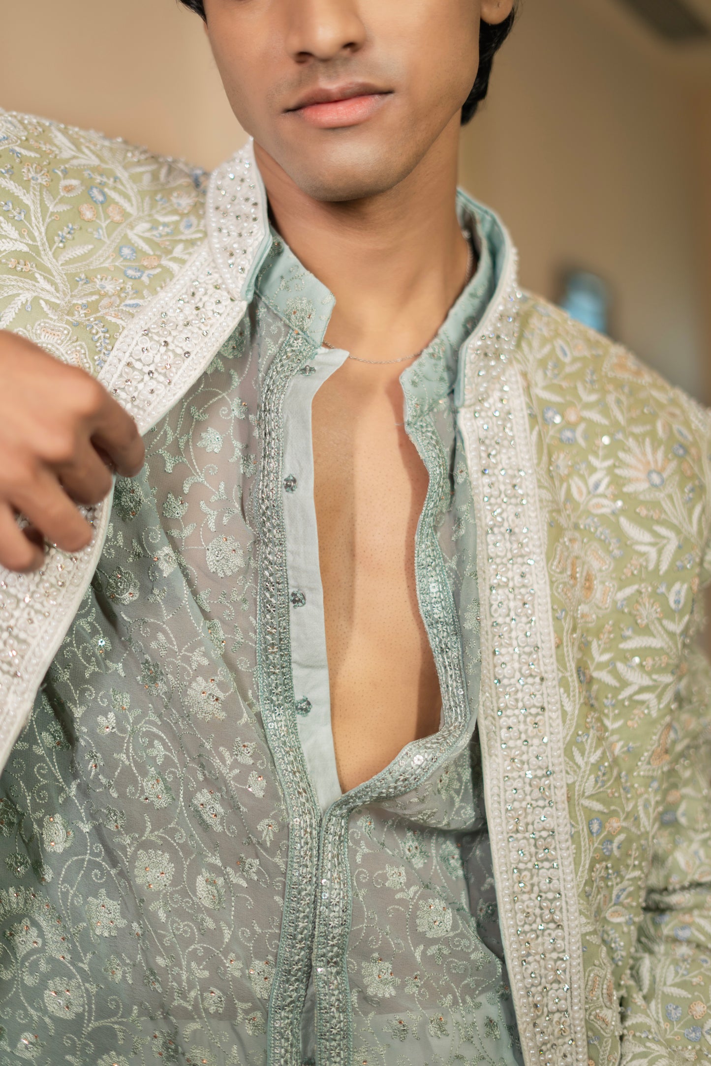 Sage Green  Hand Embroidered Bandhgala Set