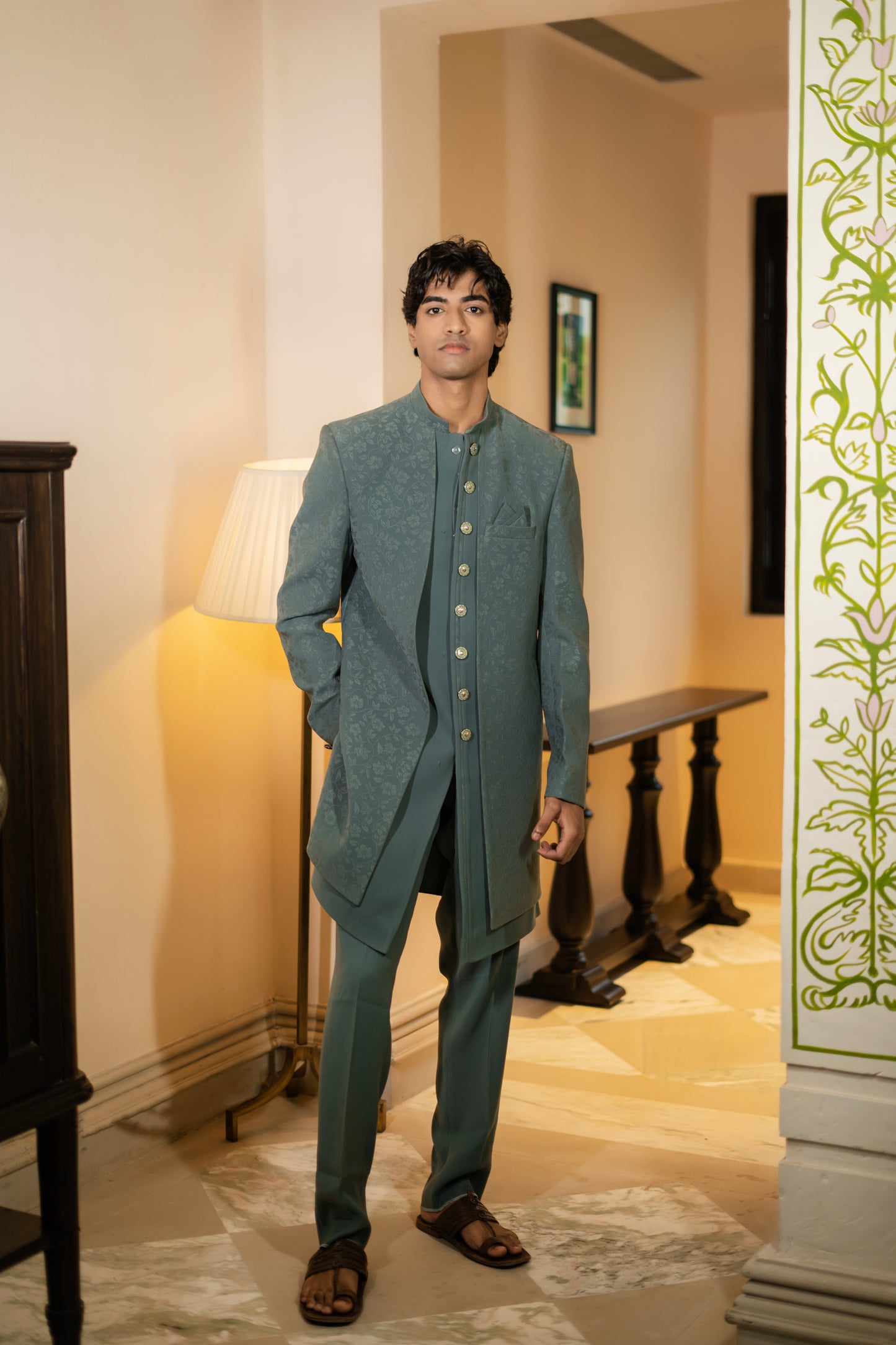 Sage Green Jacquard Bandhgala Set