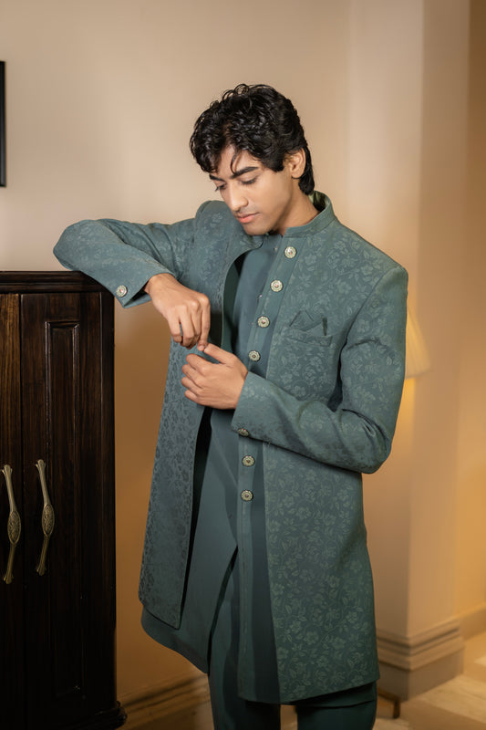 Sage Green Jacquard Bandhgala Set