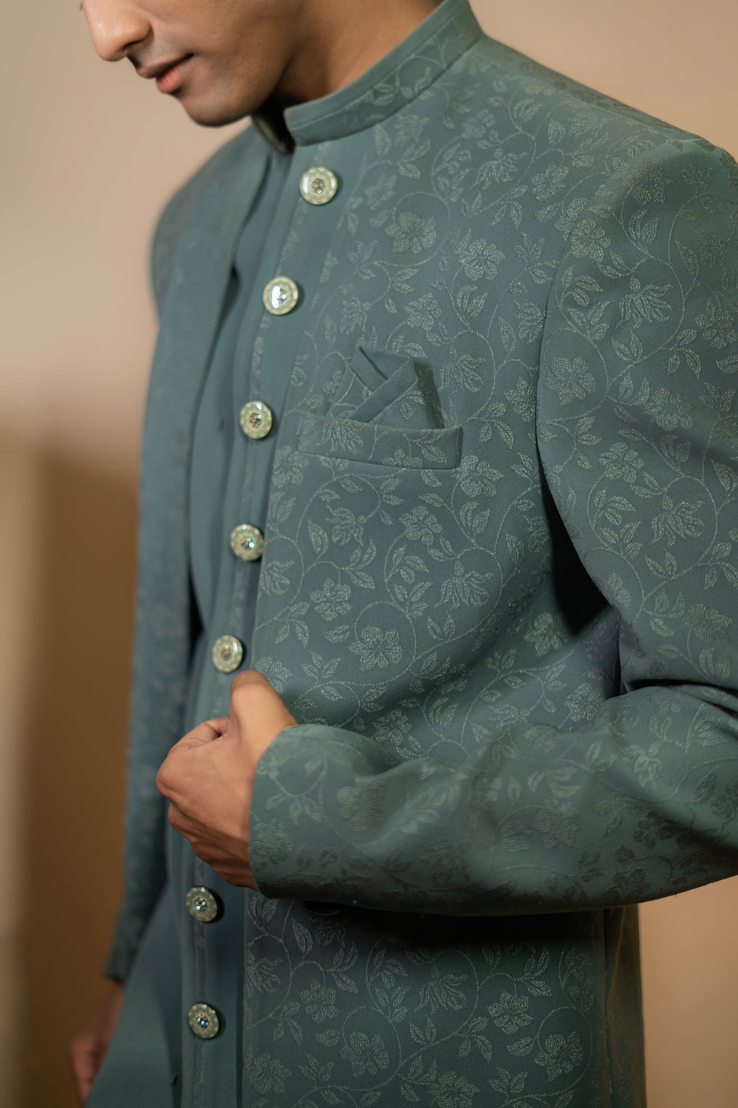 Sage Green Jacquard Bandhgala Set