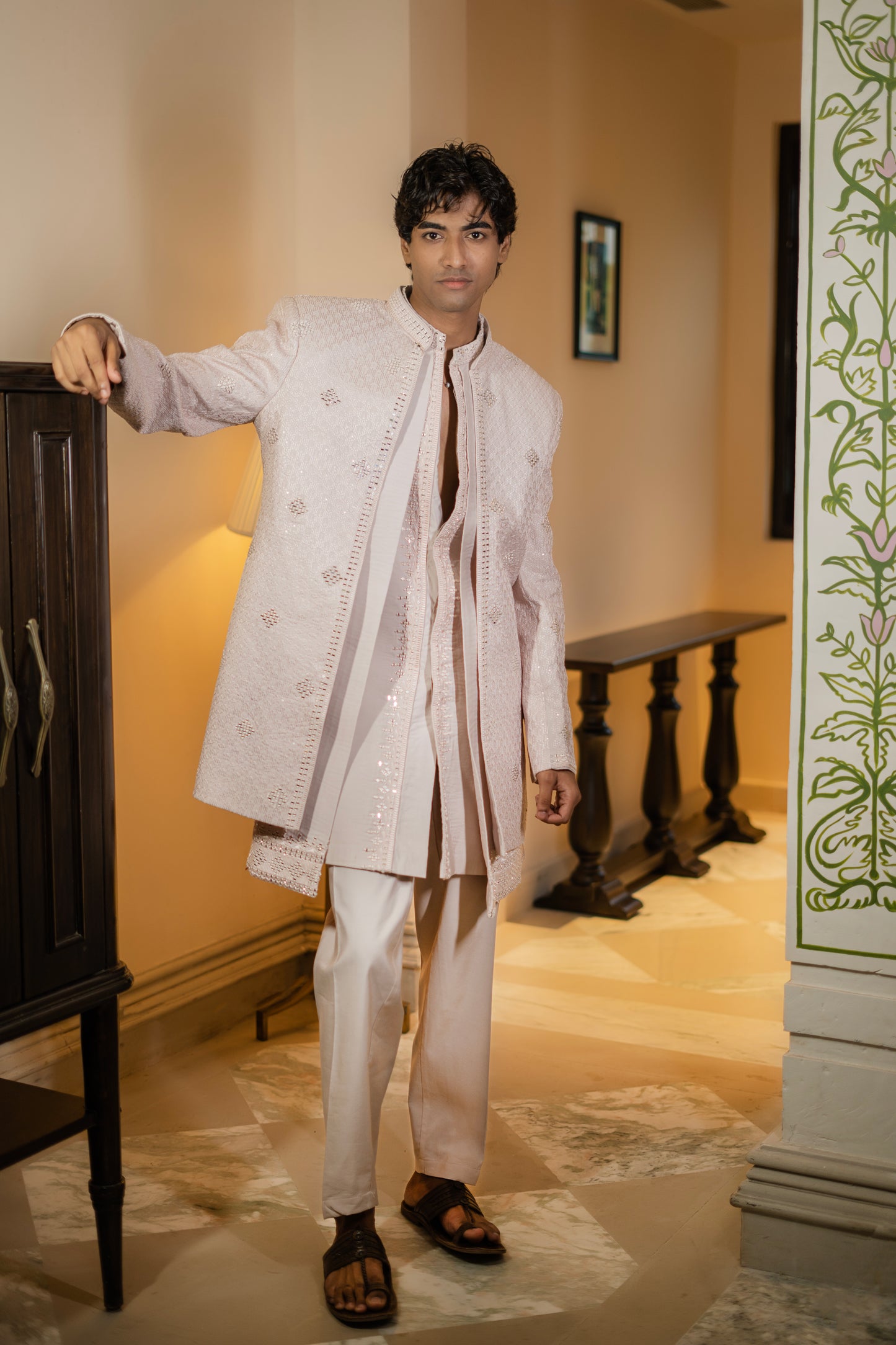 Blush Textured Diamond Embroidered Bandhgala Set