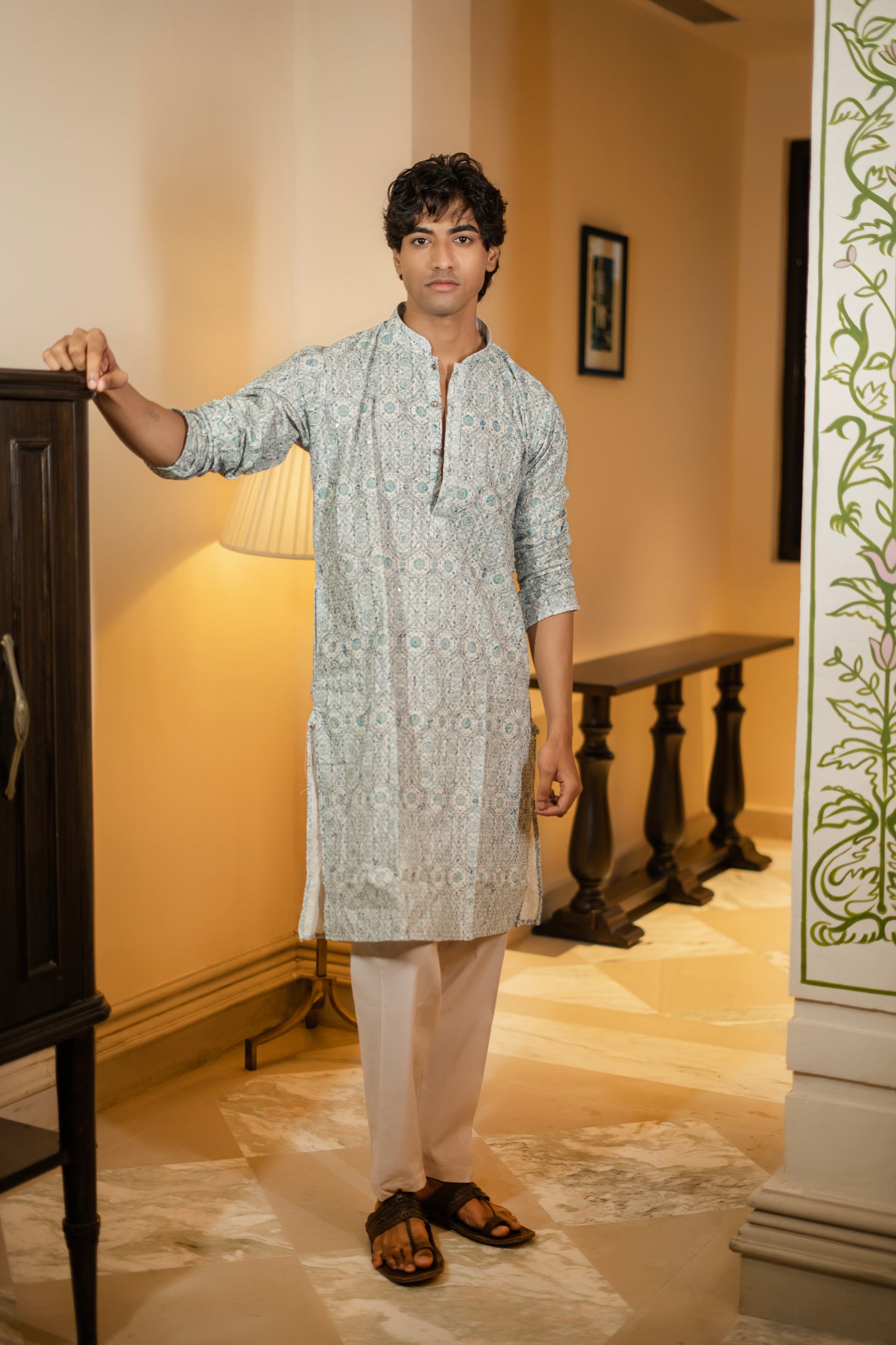 Aqua Blue Printed Kurta