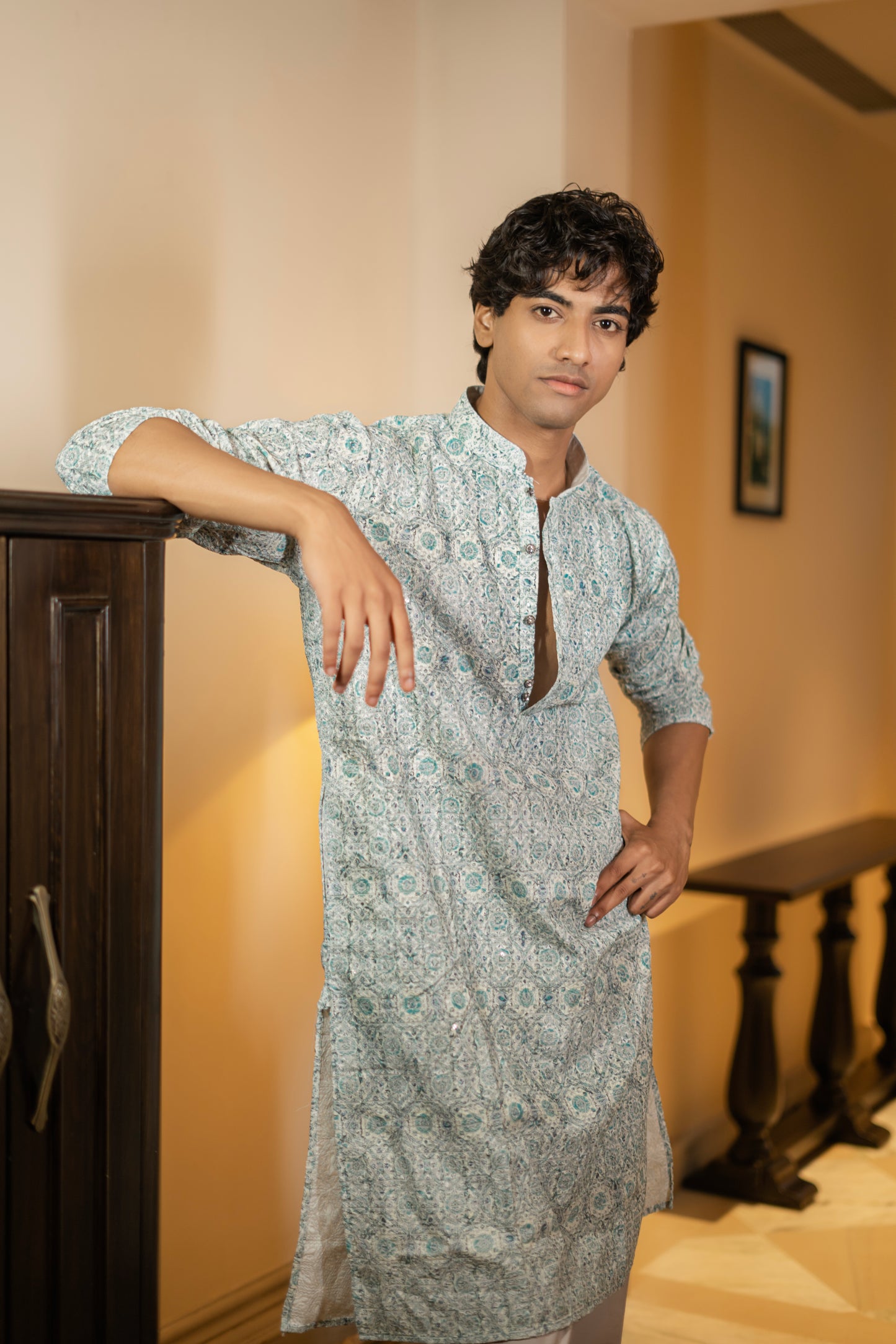 Aqua Blue Printed Kurta