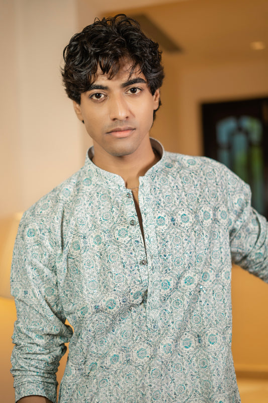 Aqua Blue Printed Kurta
