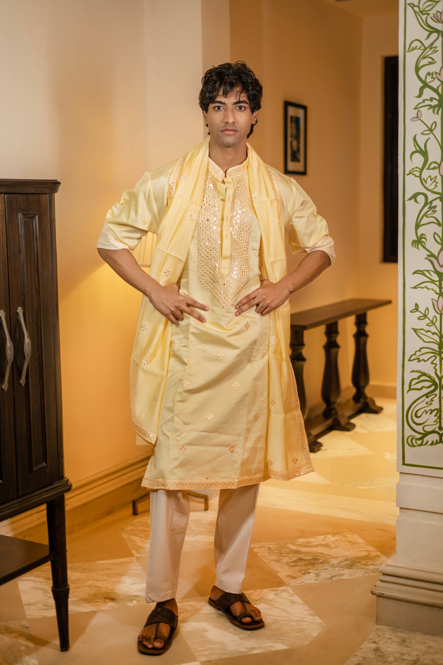 Lemon Yellow Mirror Embroidered Kurta