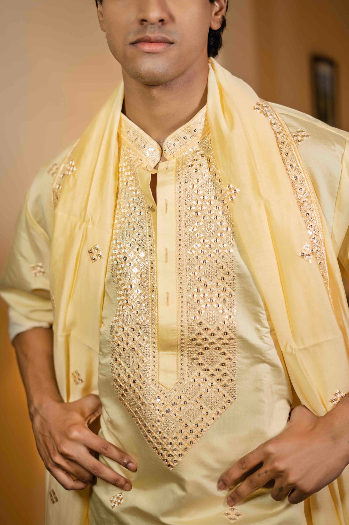 Lemon Yellow Mirror Embroidered Kurta