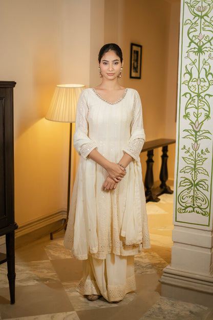 Ivory Embroidered Anarkali Set