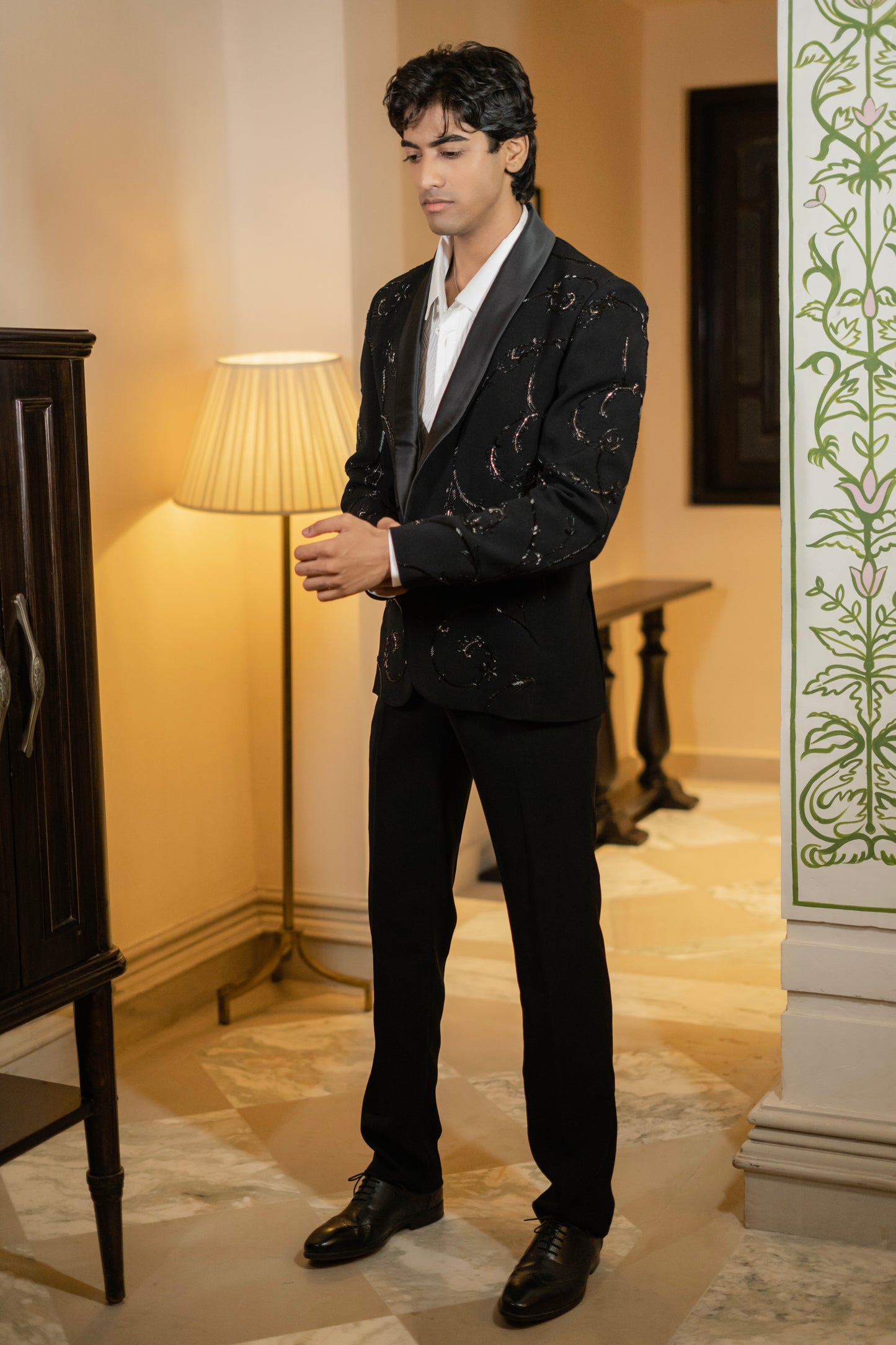Black Embroidered Tuxedo Set