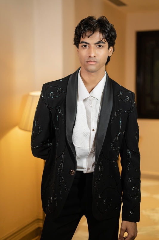 Black Embroidered Tuxedo Set