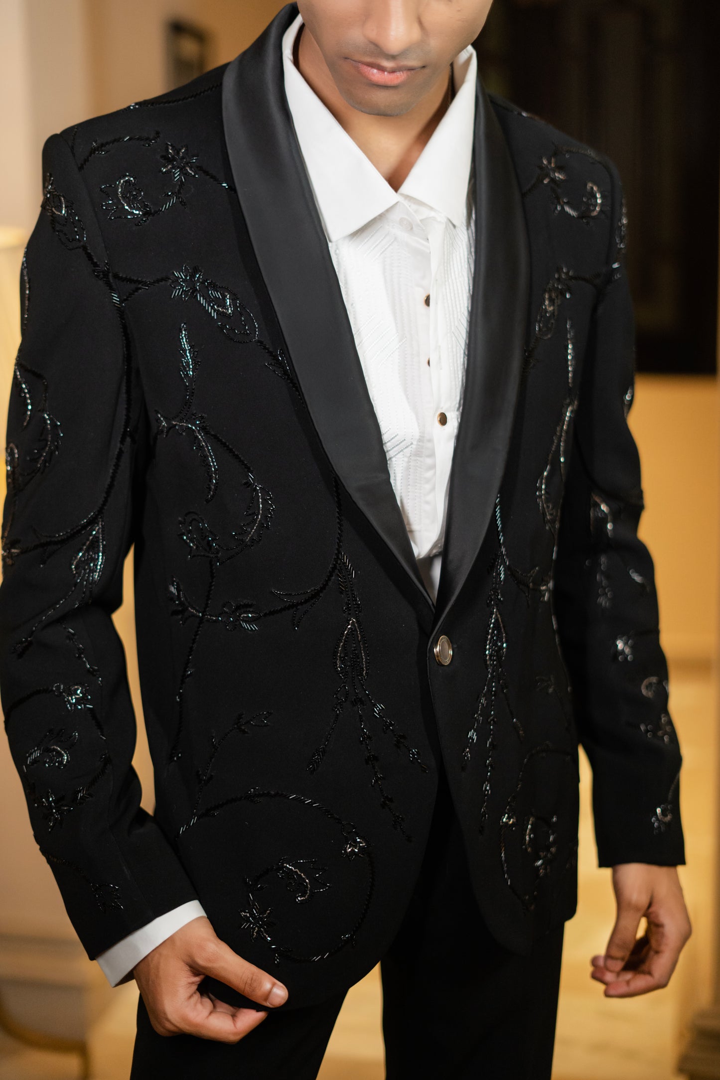 Black Embroidered Tuxedo Set