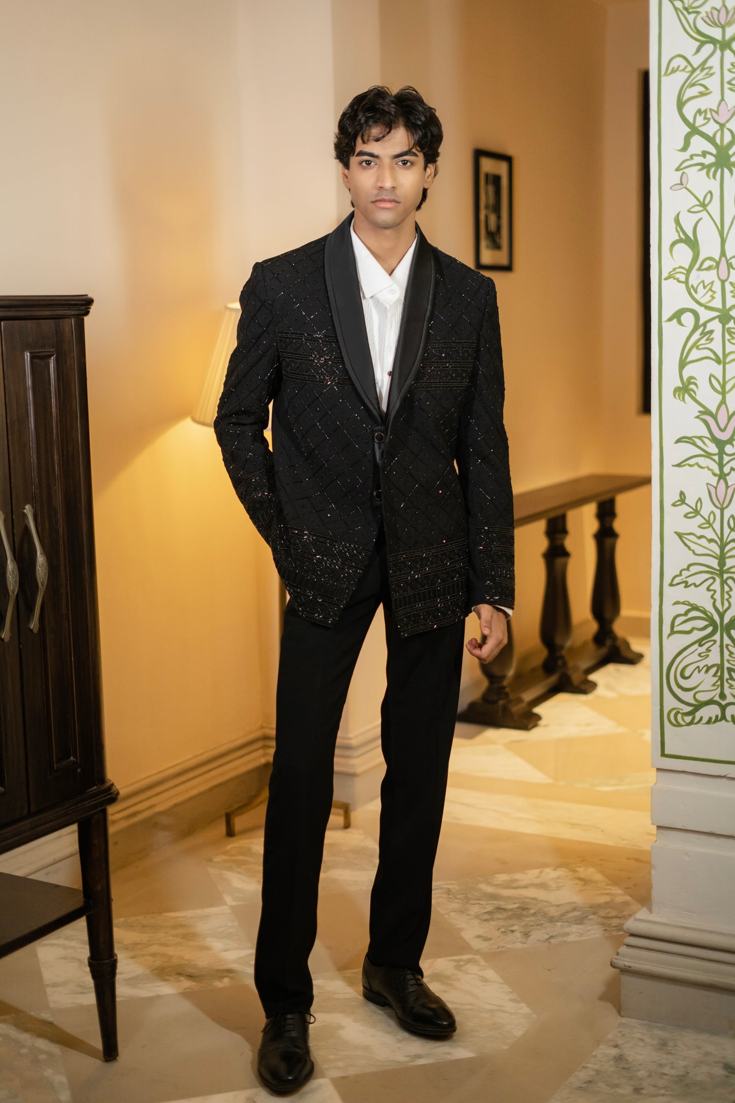 Quilted Black Beaded Tuxedo Set