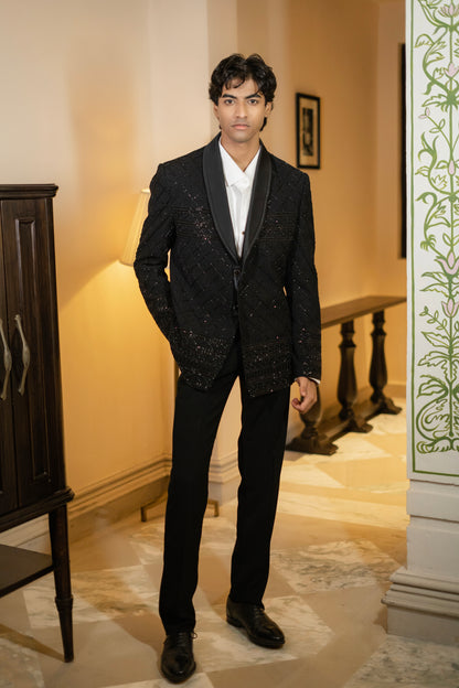 Quilted Black Beaded Tuxedo Set
