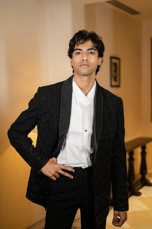 Quilted Black Beaded Tuxedo Set