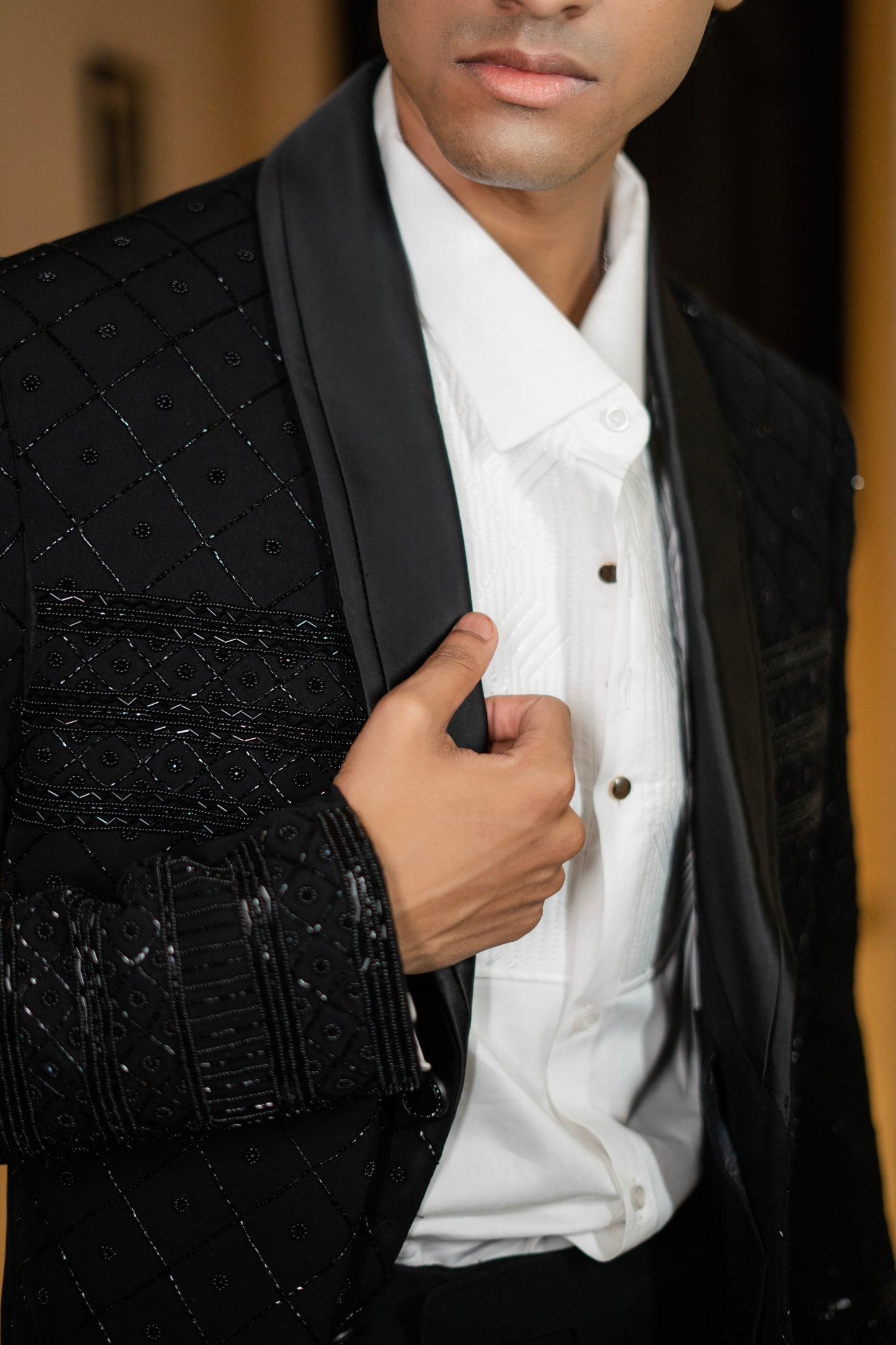 Quilted Black Beaded Tuxedo Set
