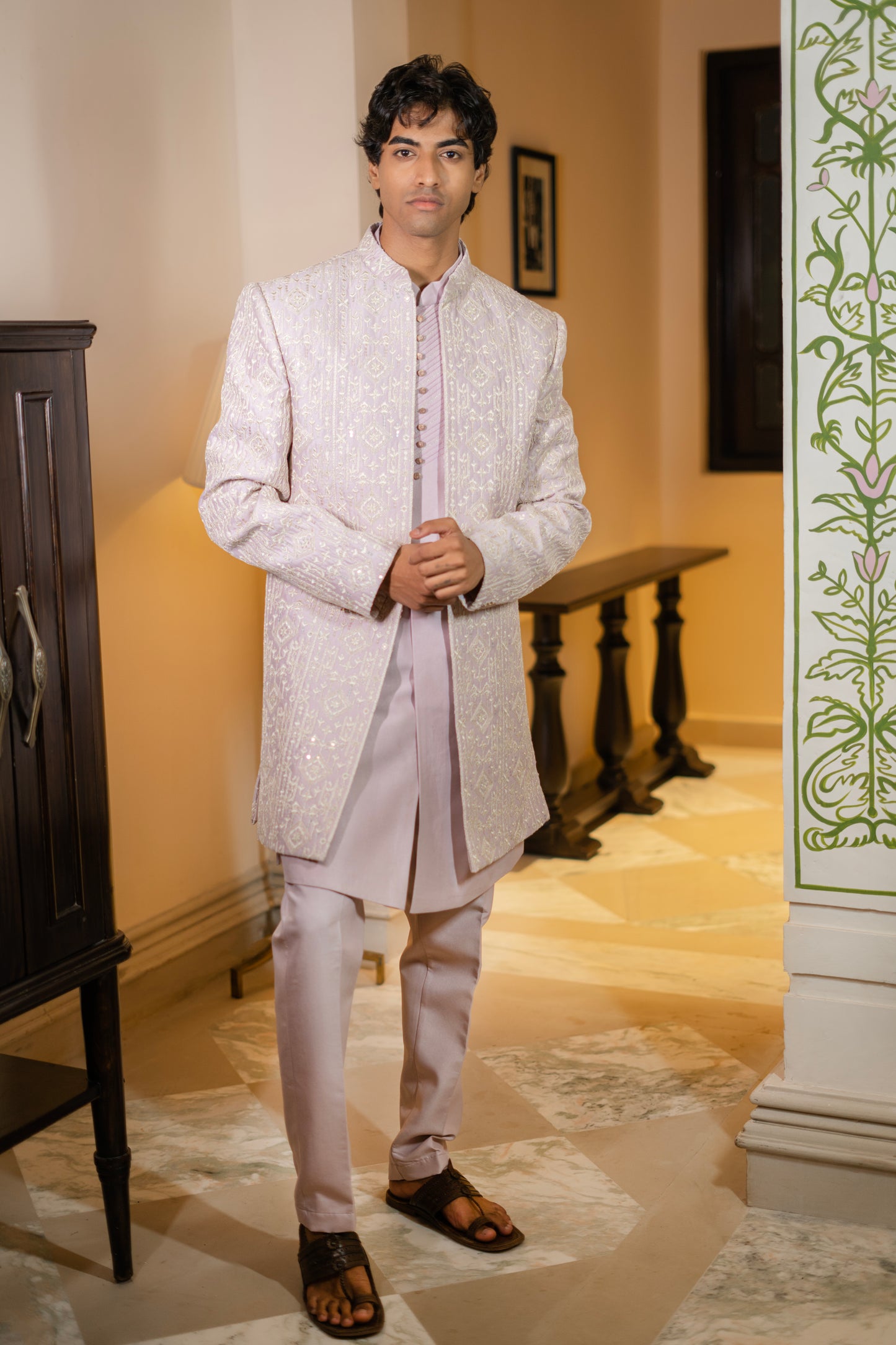 Lavender Zari Embroidered Bandhgala Set