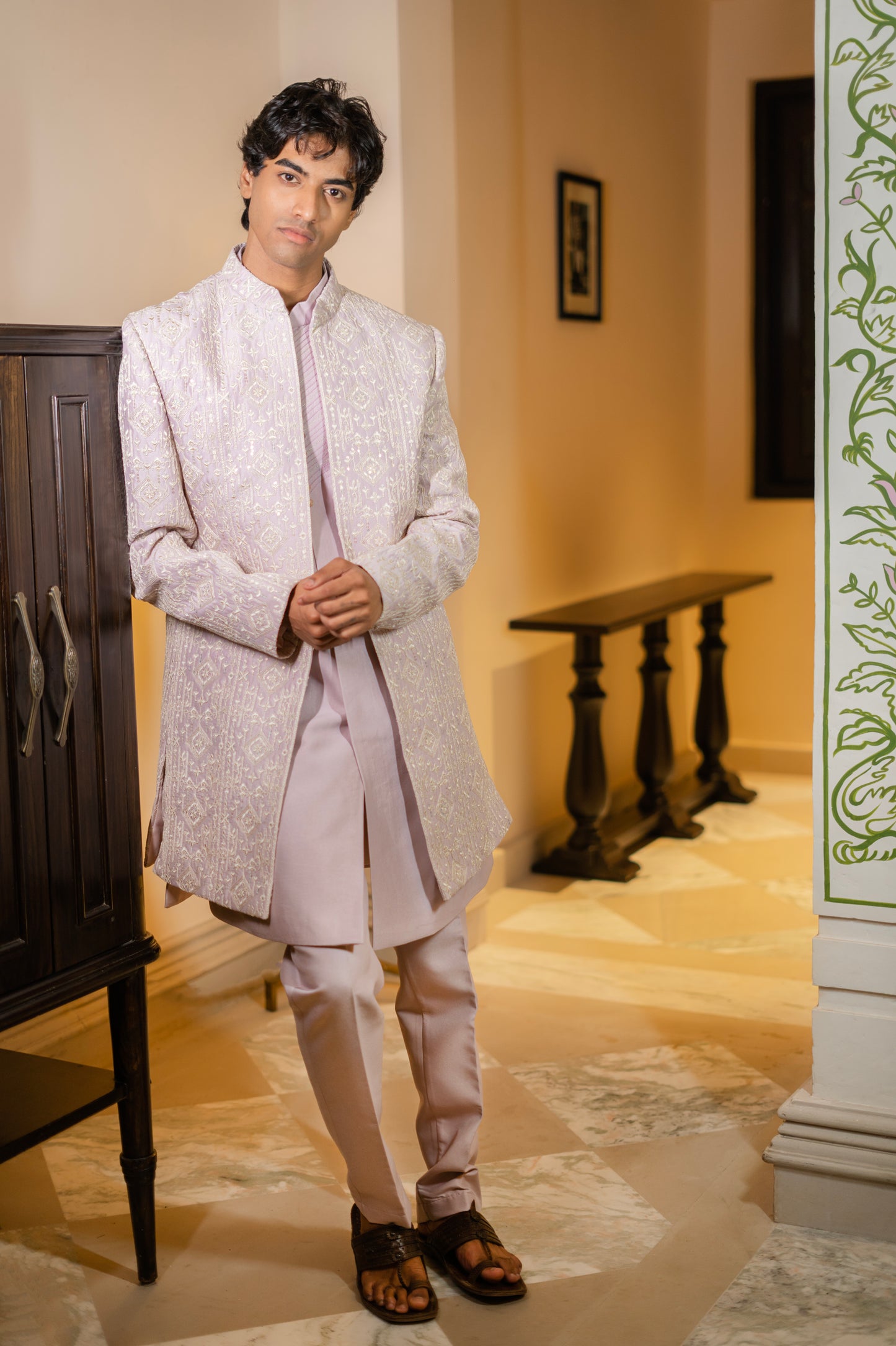 Lavender Zari Embroidered Bandhgala Set