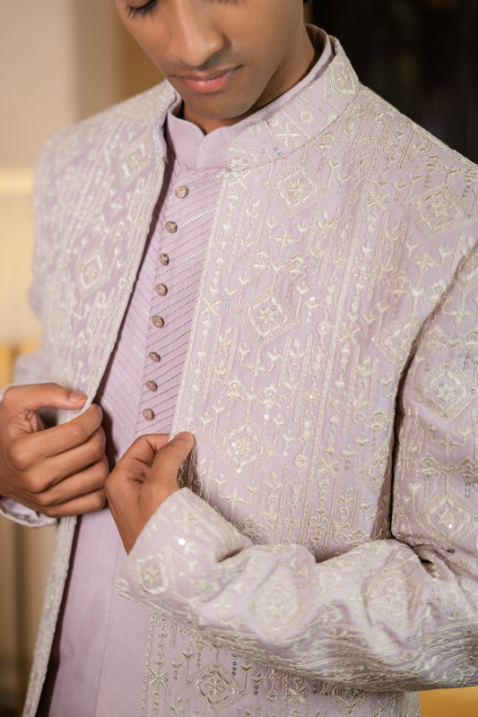 Lavender Zari Embroidered Bandhgala Set
