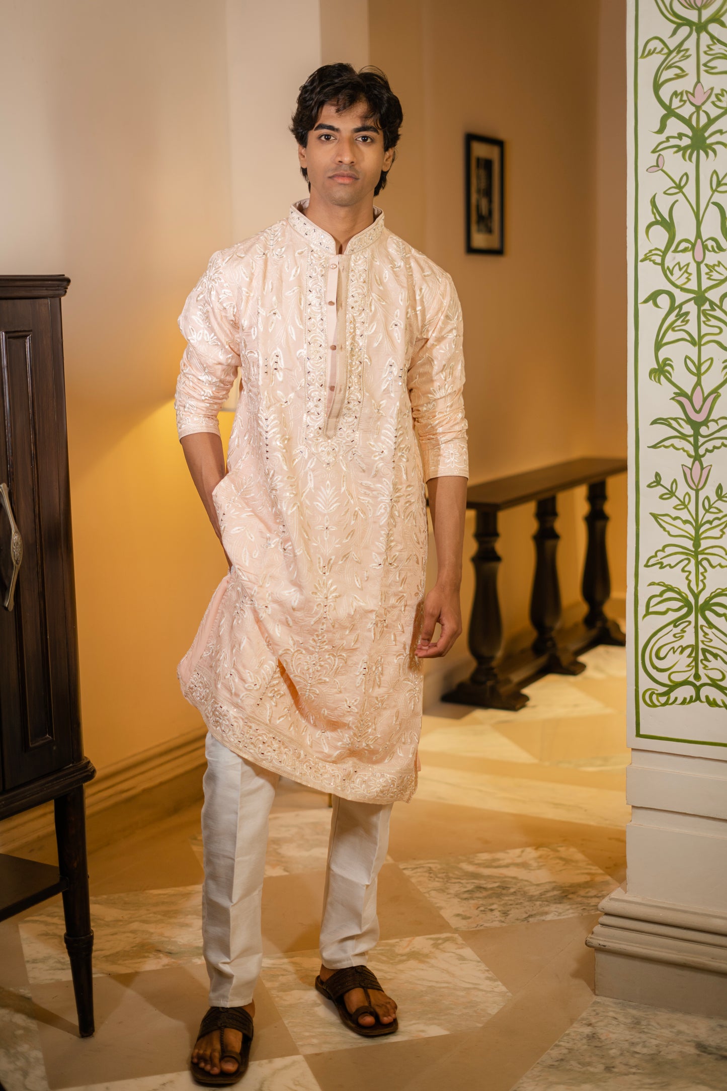 Blush Pink Thread & Mirror Work Kurta