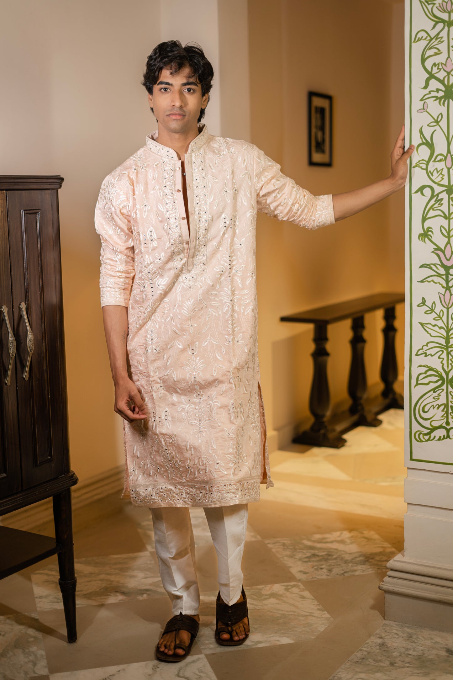 Blush Pink Thread & Mirror Work Kurta
